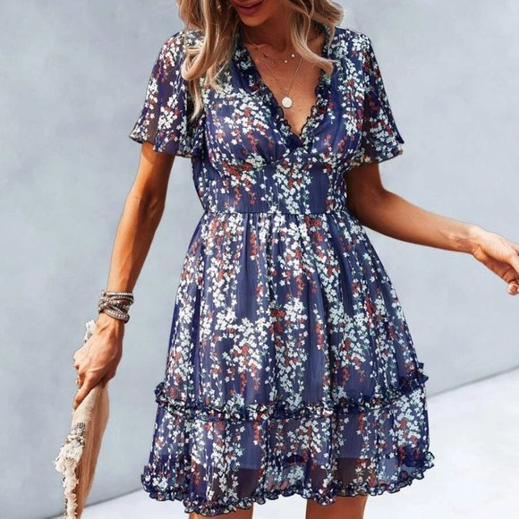 Boho Floral Print Frill Trim Dress blue Cottagecore - Picture 2 of 6